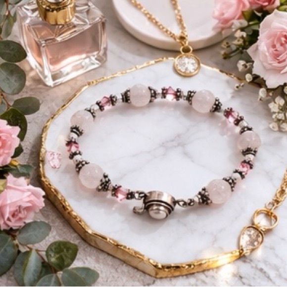 Vintage Artisan Rose Quartz Sterling Silver Beaded Bracelet Pink Crystal - Picture 7 of 12